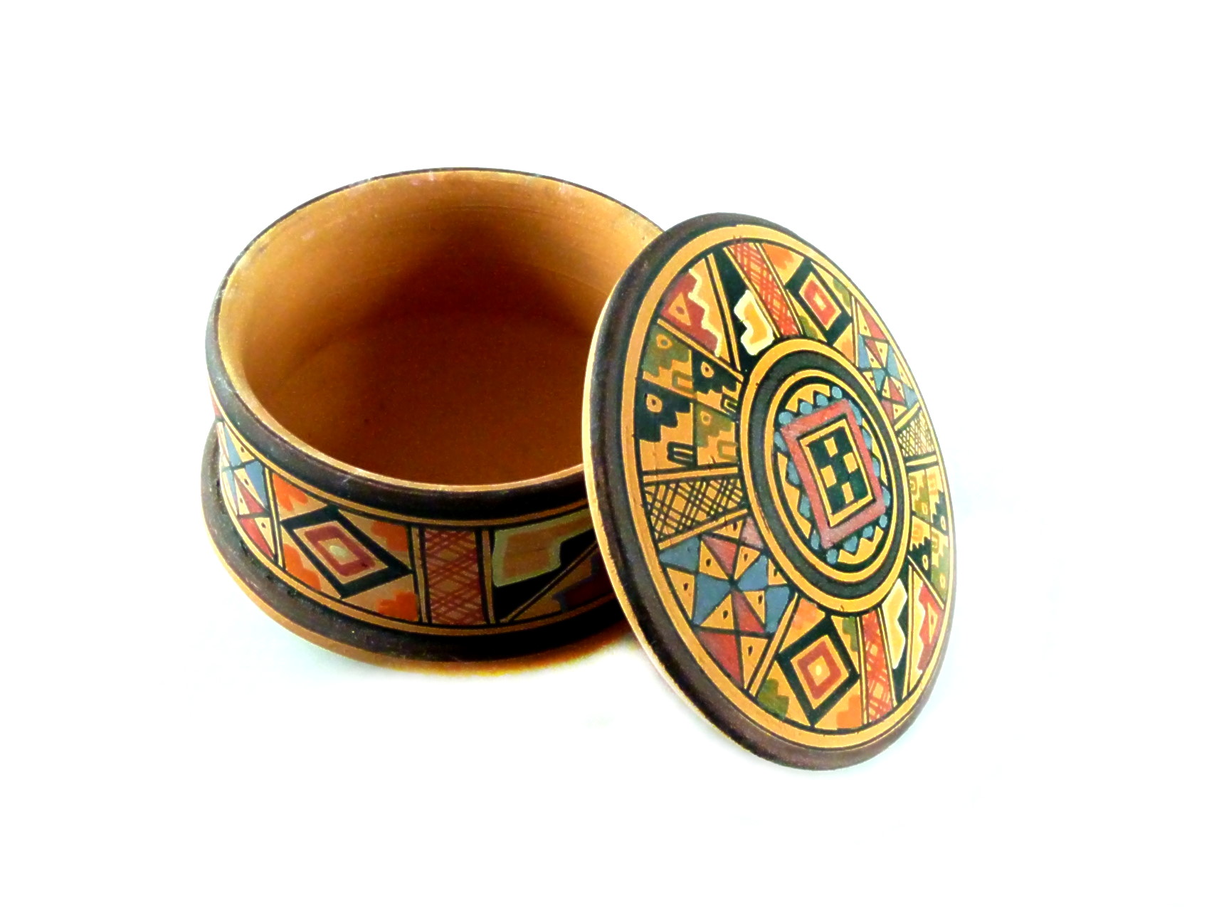 Abbildung Schmuckdose mit Deckel, aus Ton, mit traditionellem peruanischem Muster 