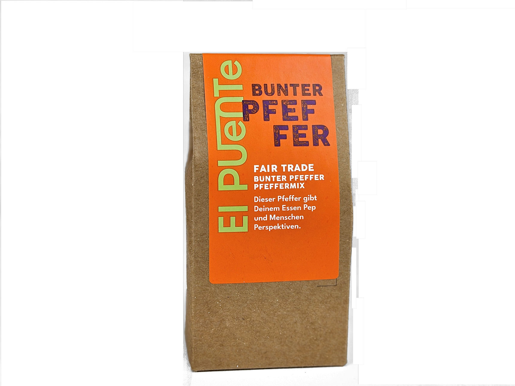 Foto von einer Packung mit buntem Pfeffer Mix für die Gewürzmühle. Fair gehamdelt