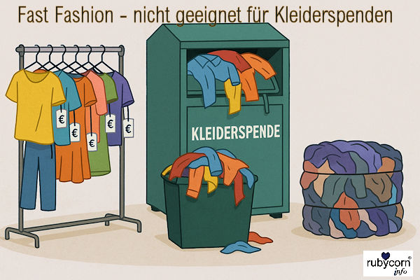 Illustration mit einem überfüllten Kleiderständer voller bunter Billigmode, einem überquellenden Kleiderspende Container und einem Ballen gepresster Textilabfälle. Das Bild zeigt, wie Ultra Fast Fashion schnell zu unbrauchbaren Kleiderspenden wird.